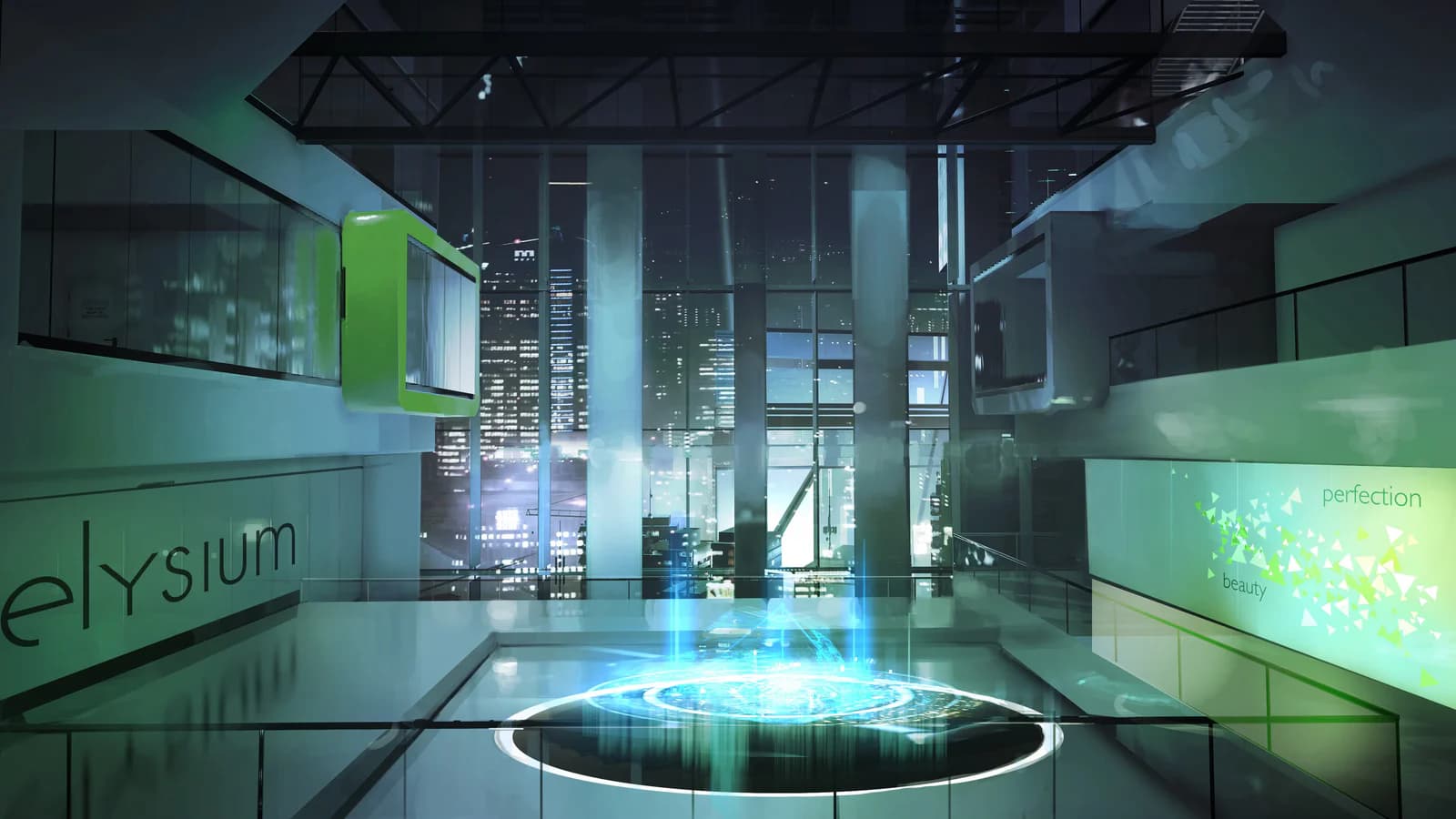 A glass-walled interior overlooks a night city under cool green light