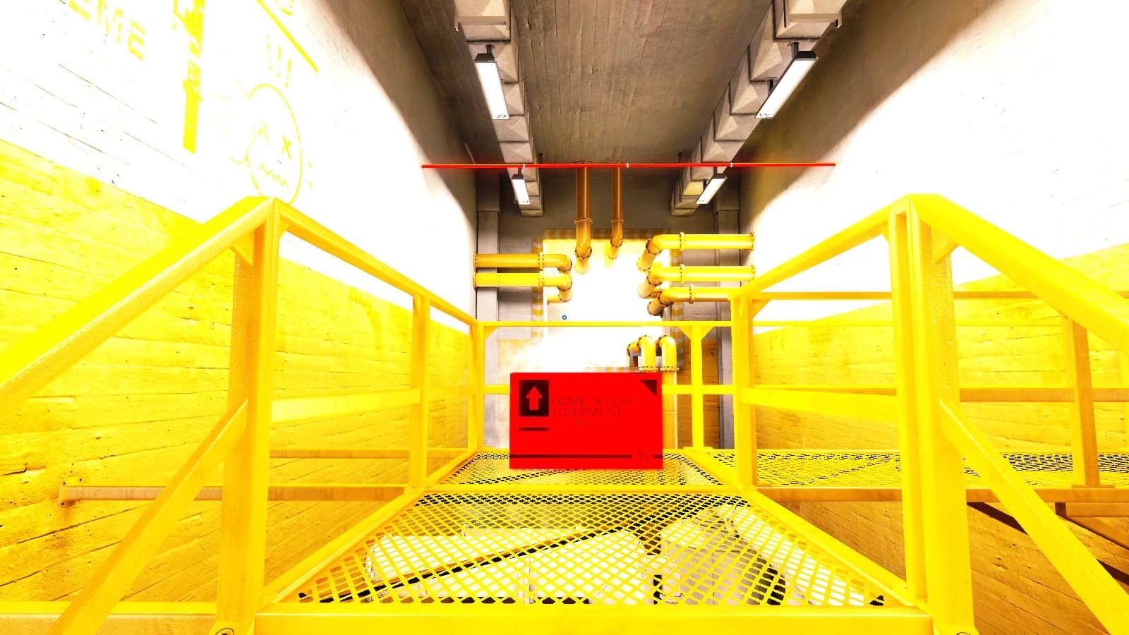 A bright yellow industrial stairway leads toward a red equipment box
