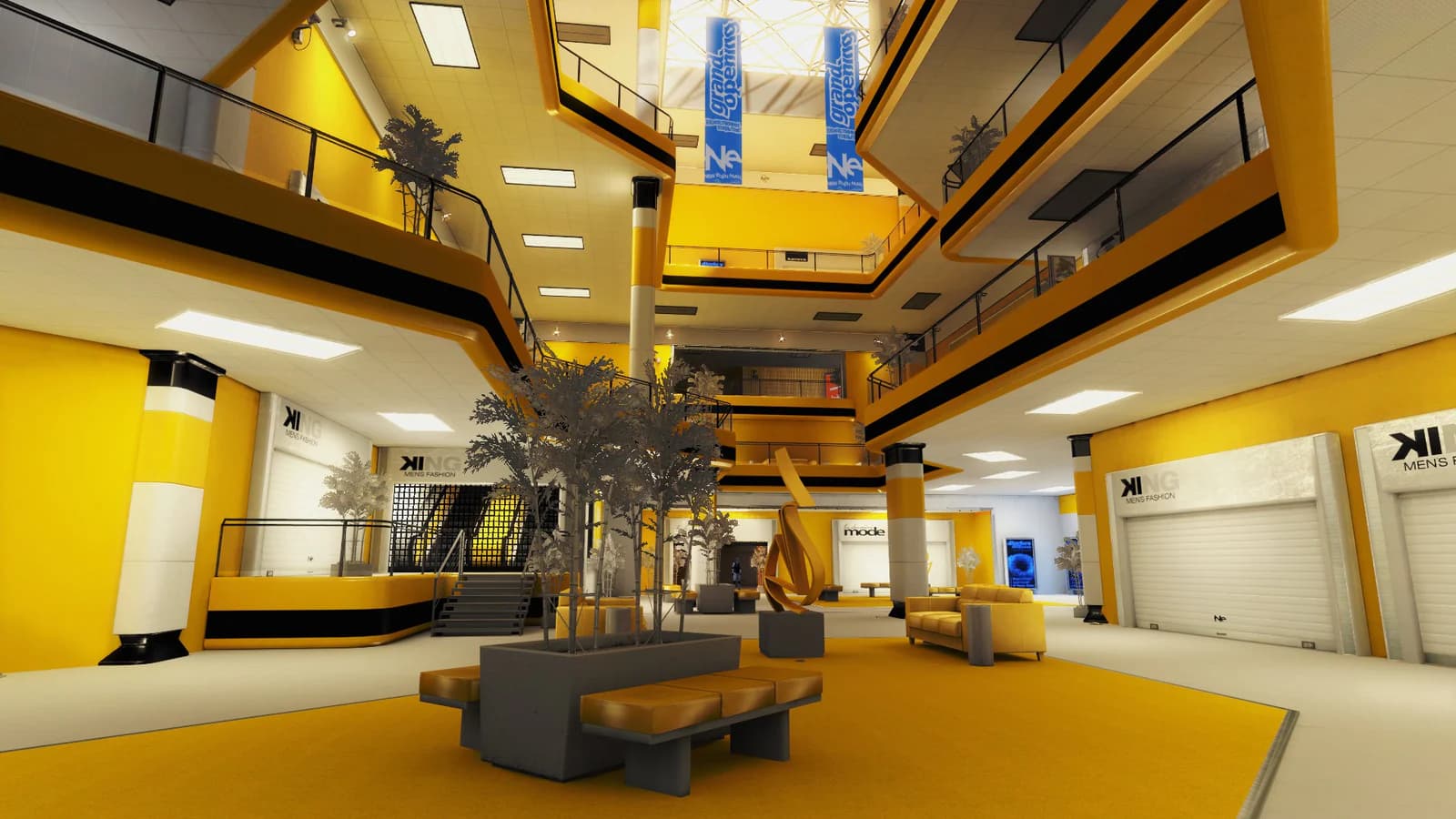 A vast yellow-and-white shopping atrium rises around empty balconies