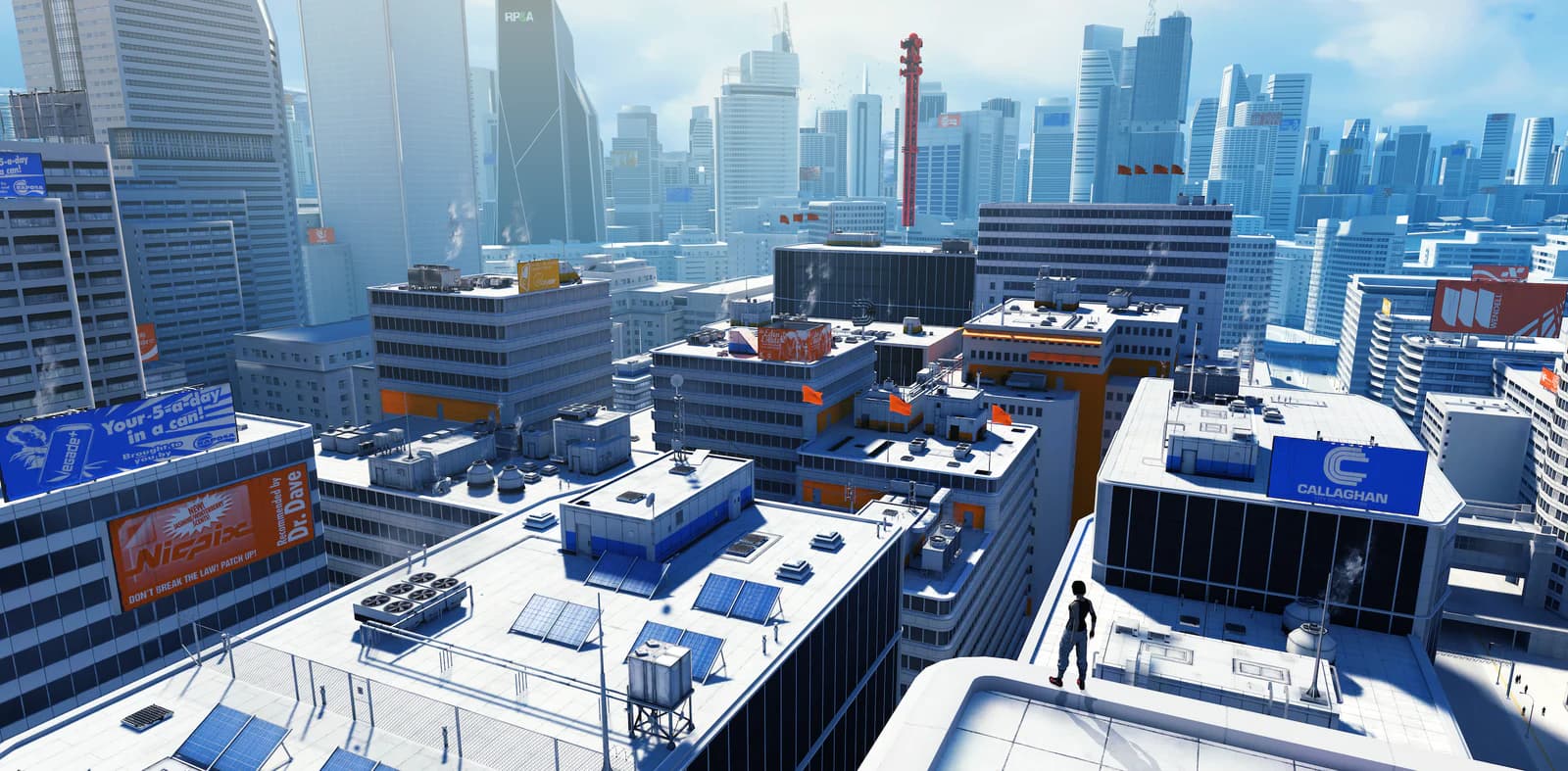 A lone runner stands above a sprawling white city of rooftops and towers